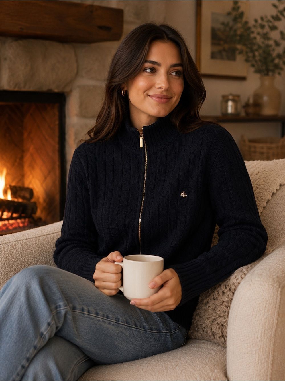 Ralph Lauren Black Cable-Knit 100% Cashmere Full-Zip Sweater/Cardigan Petite L